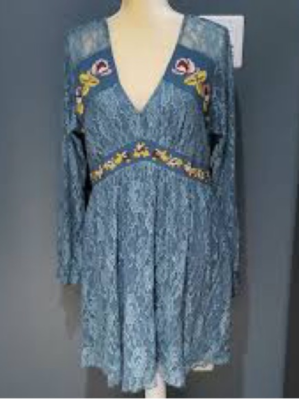 miami Blue Embroidered Long-Sleeve V-Neck Dress